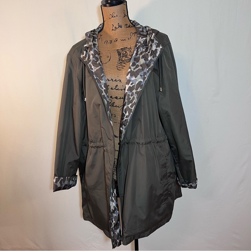 Catherines Olive Green Hooded Trench Coat with Camouflage Trim